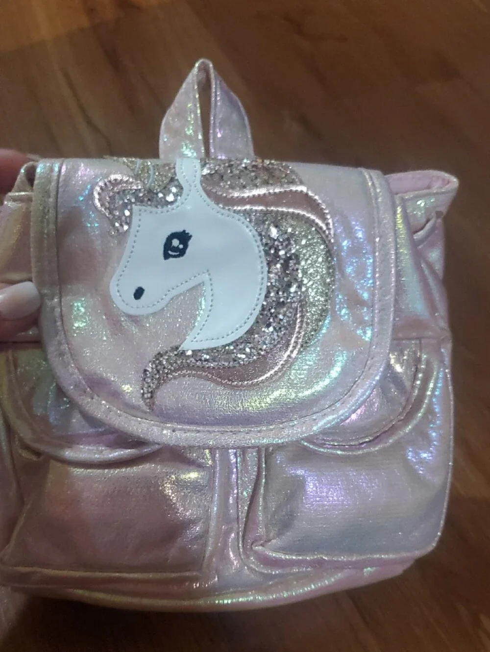 Claire's Iridescent Pink Unicorn Mini Backpack with Pink Pom Keychain
